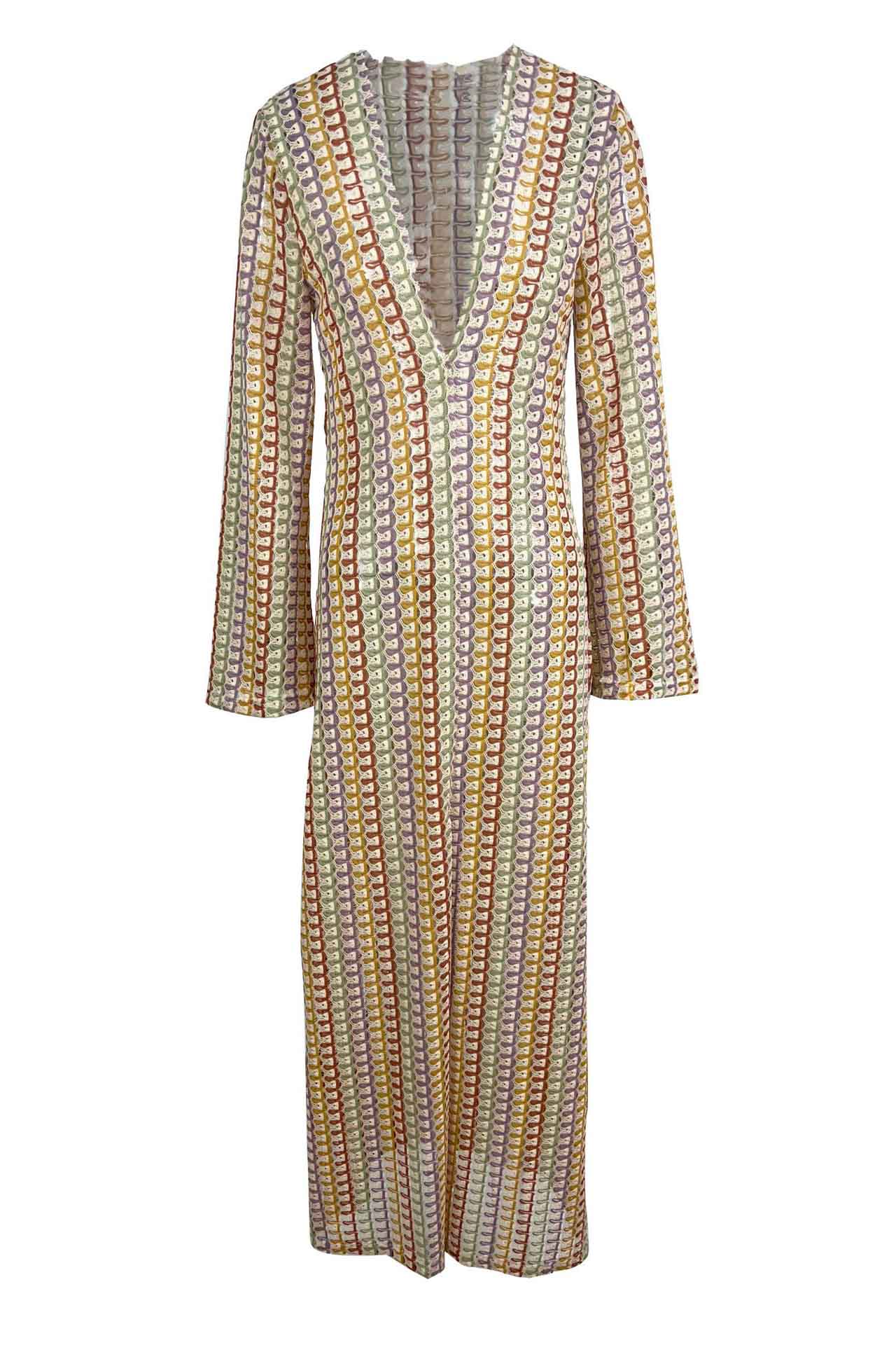 Vestito lungo bohémien con scollo a V, maniche a campana, motivo a onde a righe e crochet per vacanze in spiaggia
