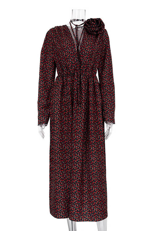 Vestito Midi con Collo a V e Decorazione Floreale Bertha