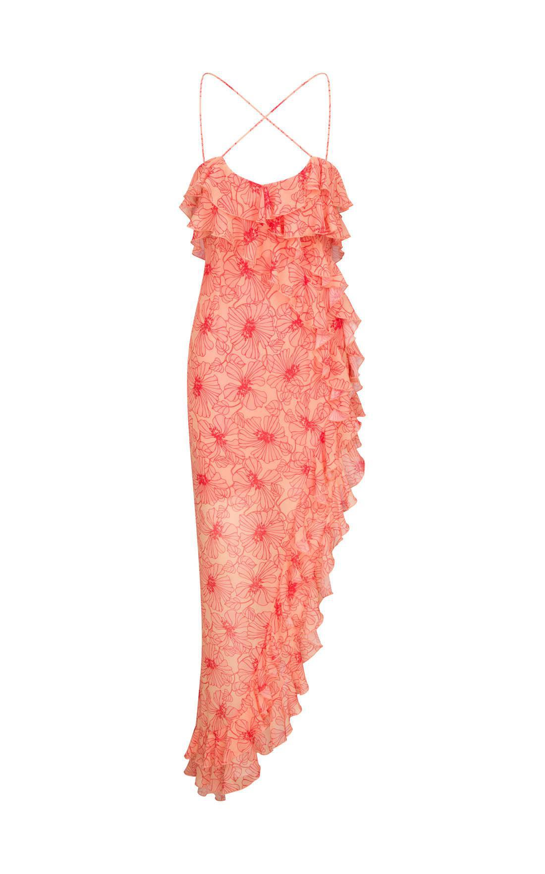 Vestito midi romantico con volant floreale e spacco