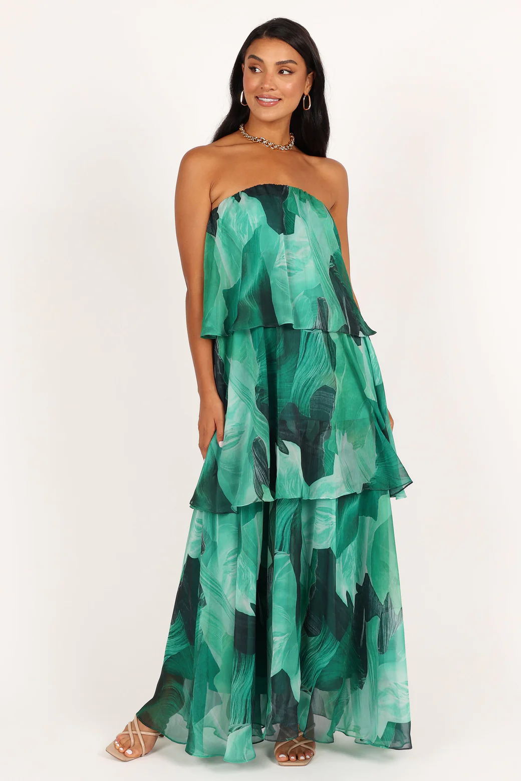 Abito lungo midi senza spalline Calista Green Bloom con balze