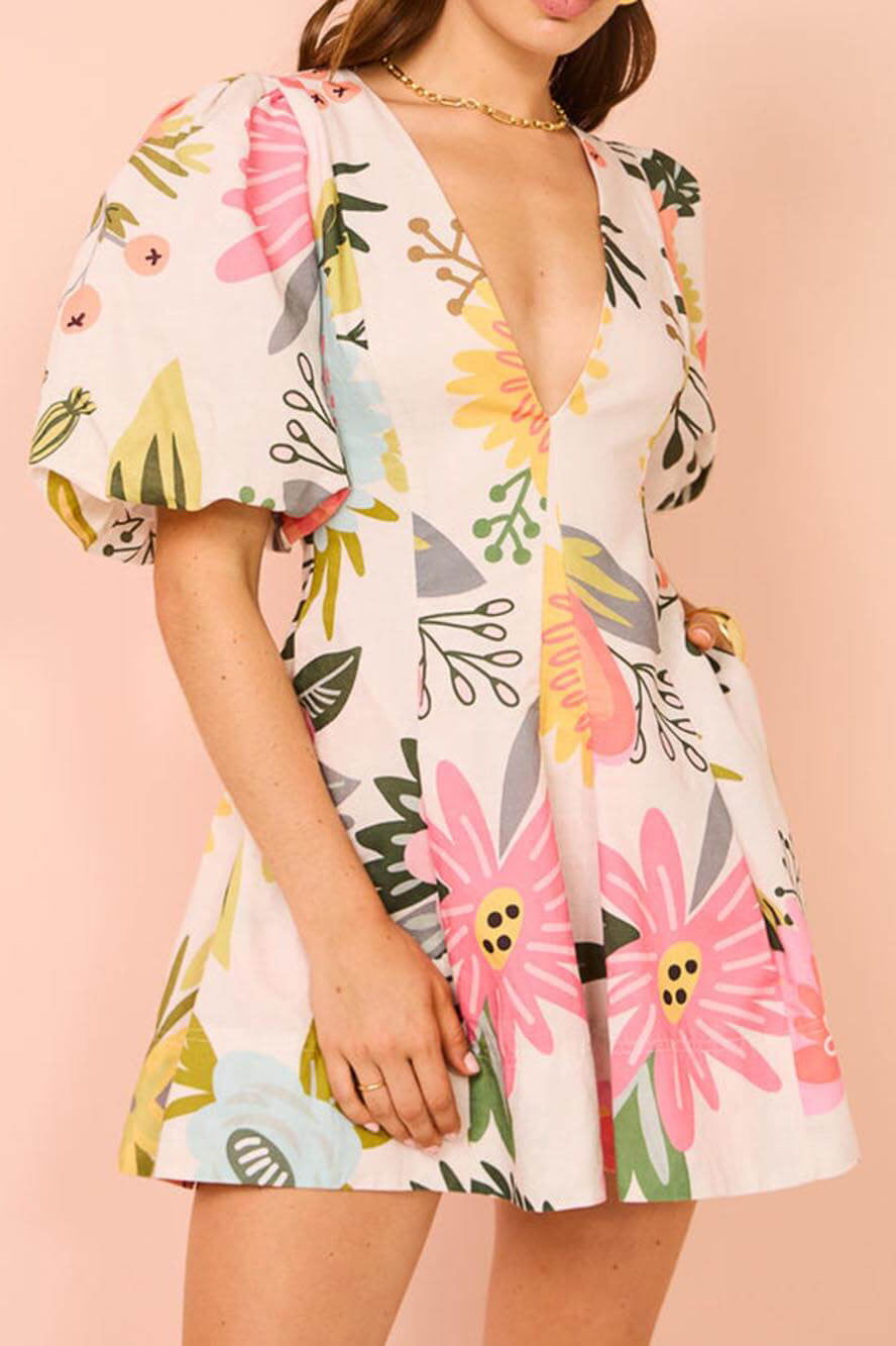 Abito mini con stampa floreale, maniche a sbuffo e tasche
