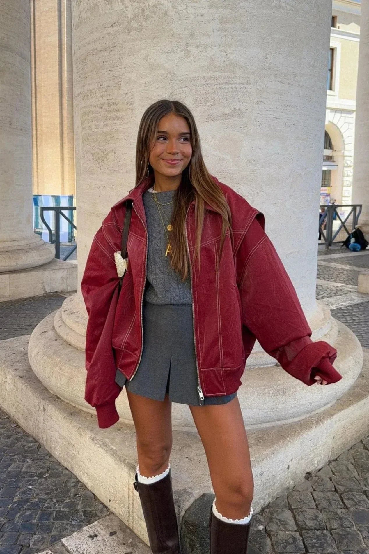 Cappotto Casual da Strada a Colore Solido con Ricami, Cerniera e Colletto Spartito
