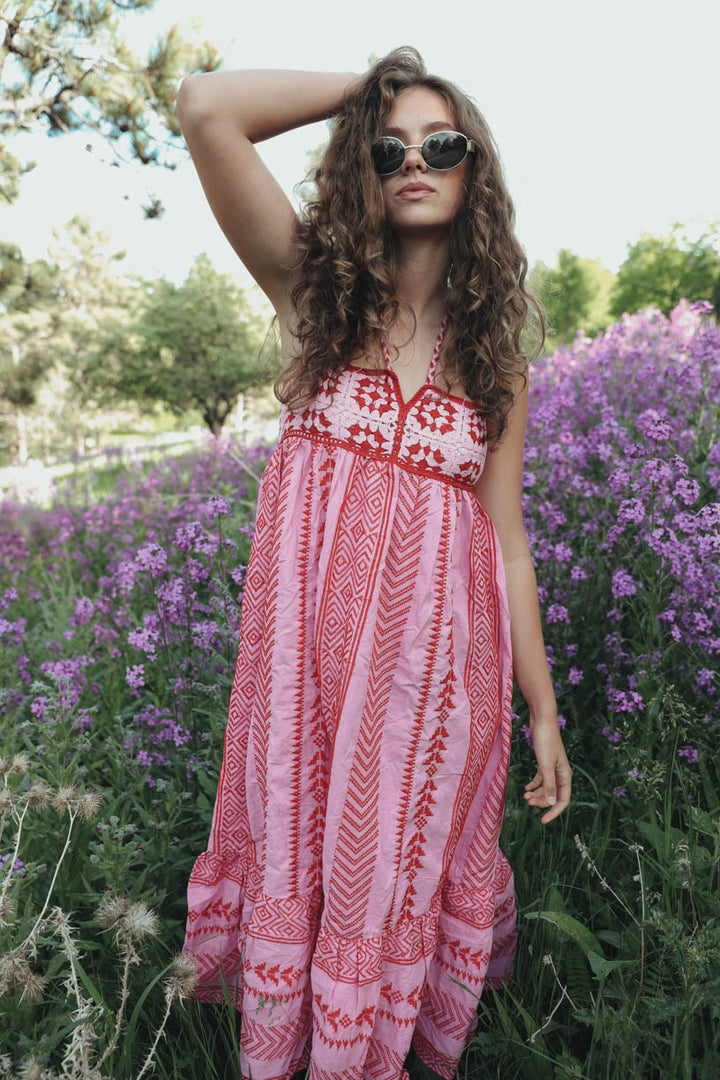 Vestito midi con stampa Naomi, ricamato e con lacci