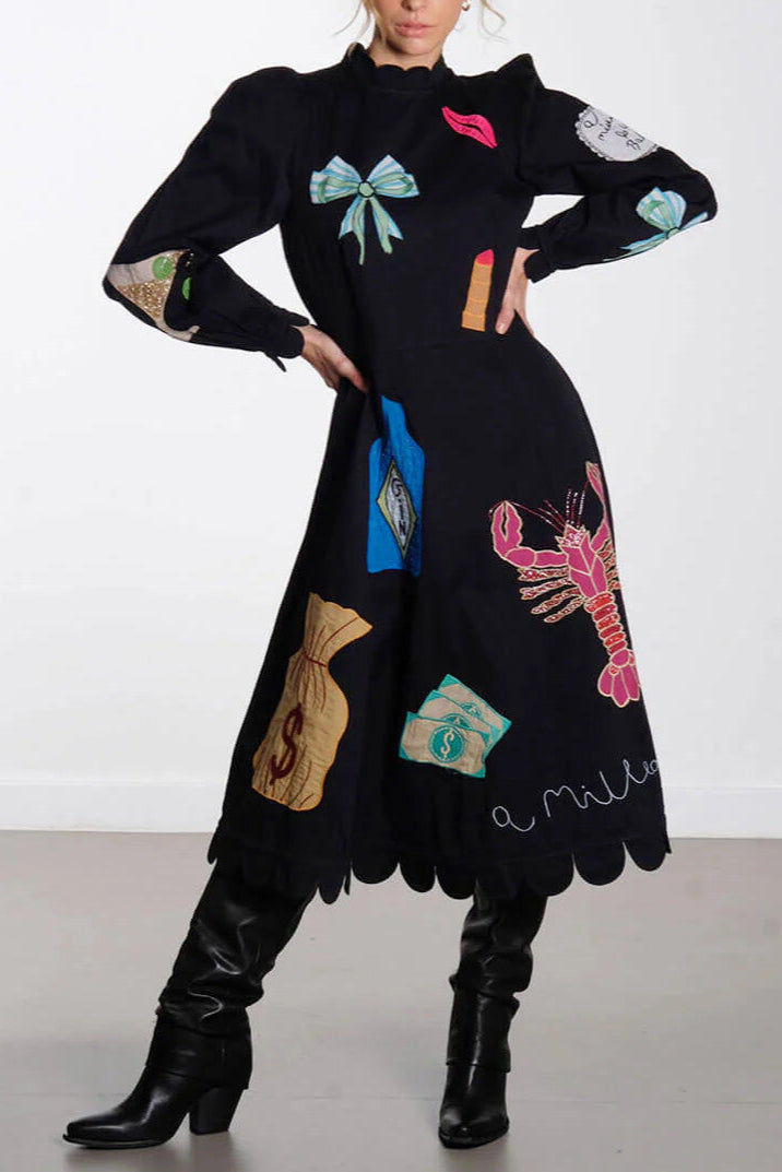 Vestito Midi con Rifiniture in Conchiglia e Graffiti di Aragosta