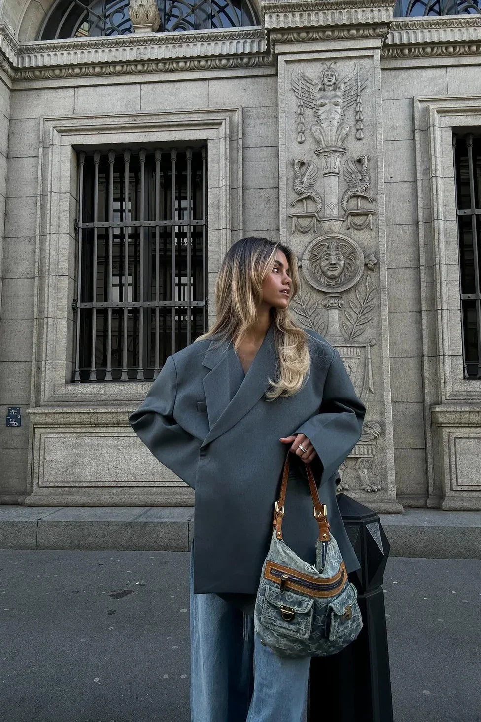 Blazer Oversized con Spacco Laterale Blu Acciaio