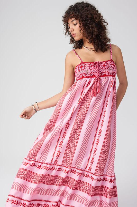 Vestito midi con stampa Naomi, ricamato e con lacci