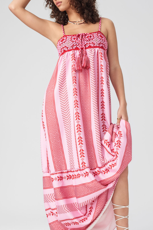 Vestito midi con stampa Naomi, ricamato e con lacci