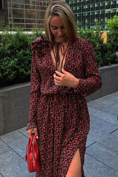 Vestito Midi con Collo a V e Decorazione Floreale Bertha