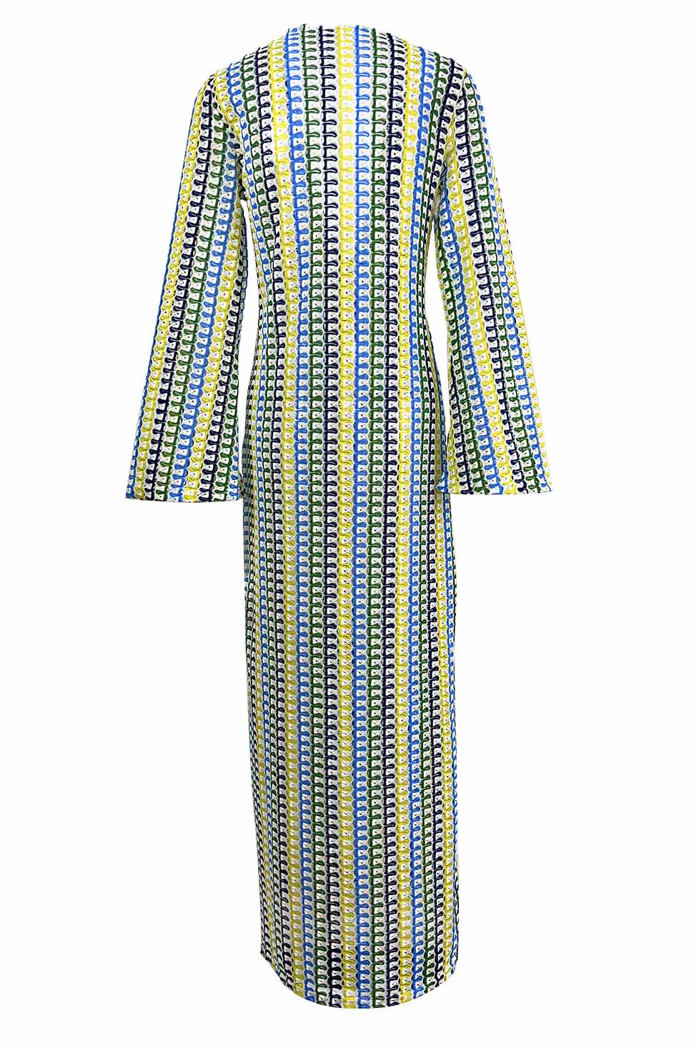 Vestito lungo bohémien con scollo a V, maniche a campana, motivo a onde a righe e crochet per vacanze in spiaggia