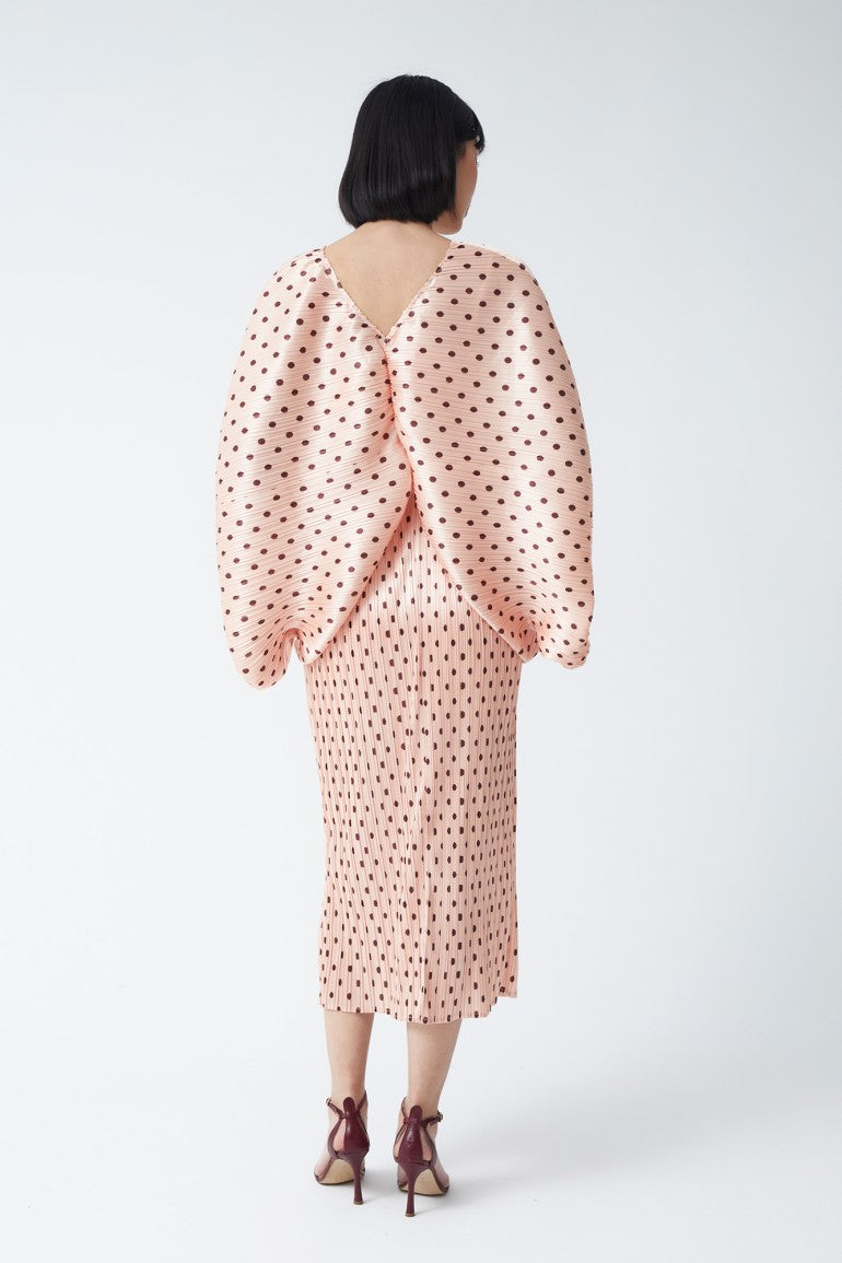 Vestito midi drappeggiato rosa a pois con scollo a V di Betty Rosa