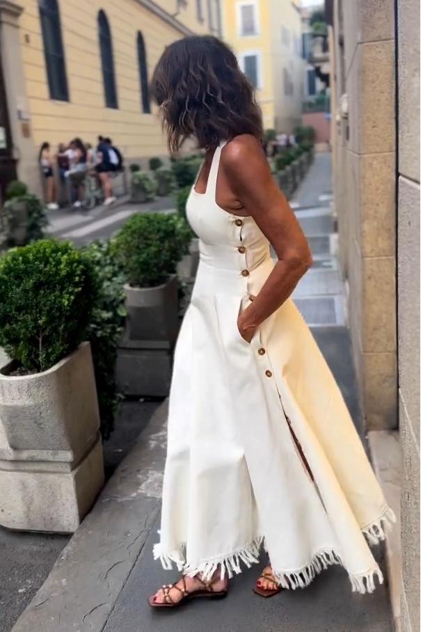 Abito lungo bianco boho con frange e tasche