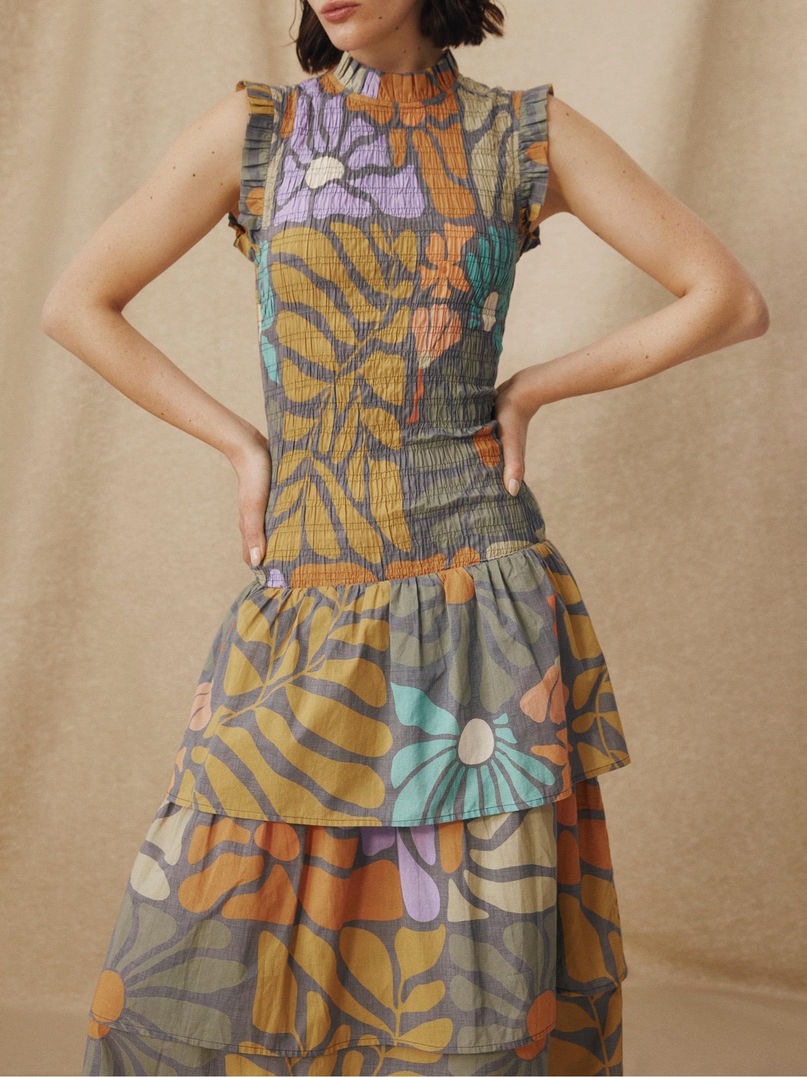 Vestito Midi con Stampa Botanica Multicolore