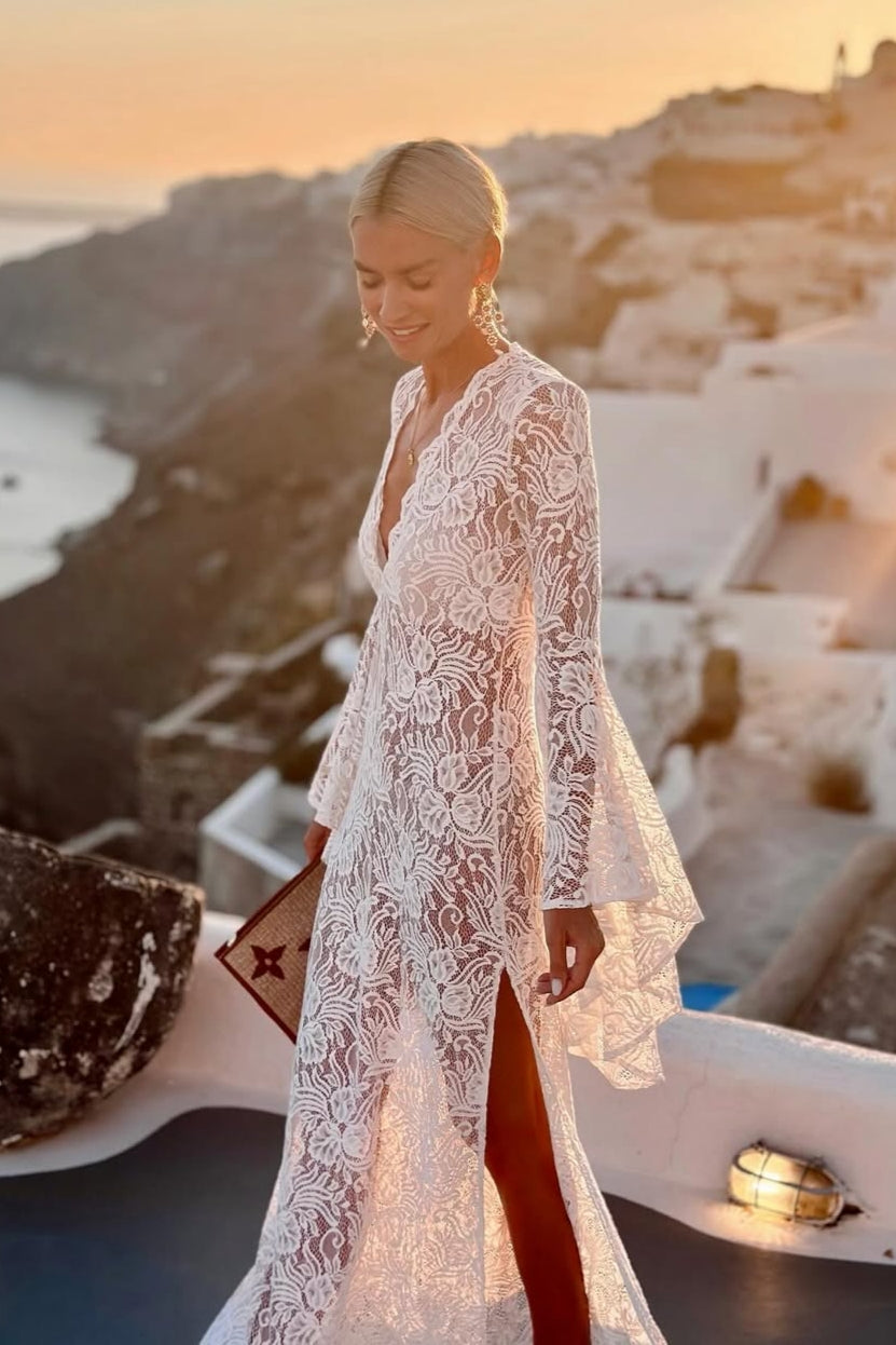 Vestito Maxi con Maniche a Campana in Pizzo
