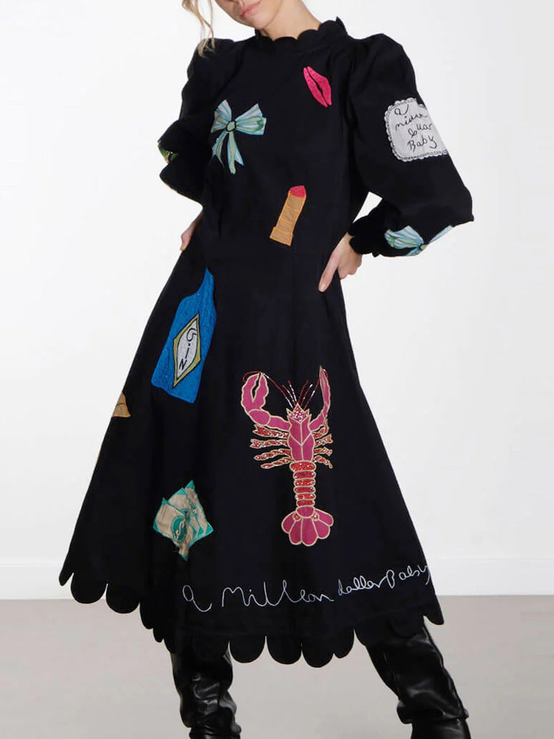 Vestito Midi con Rifiniture in Conchiglia e Graffiti di Aragosta