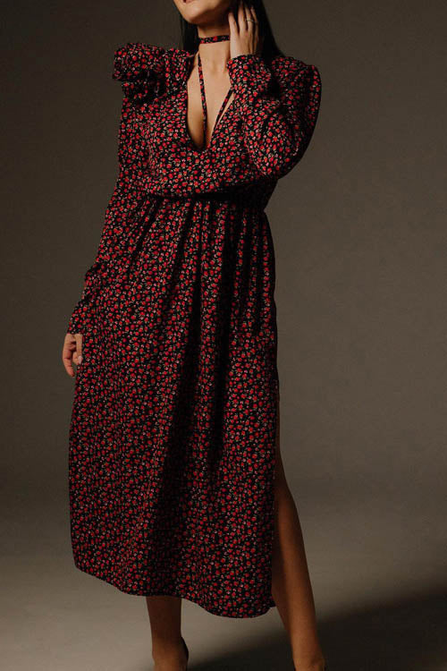 Vestito Midi con Collo a V e Decorazione Floreale Bertha