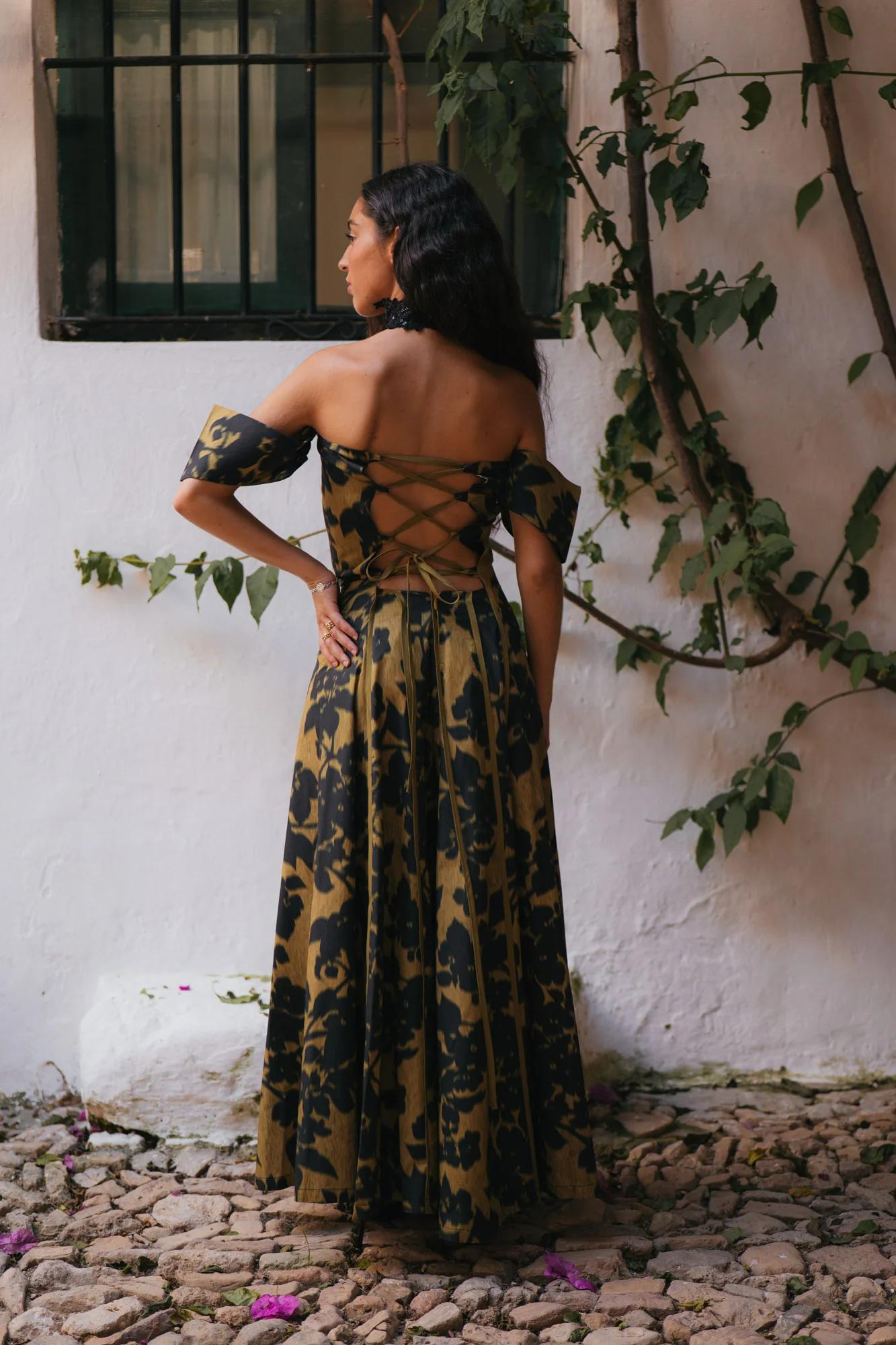 Vestito lungo maxi senza spalline con stampa vintage