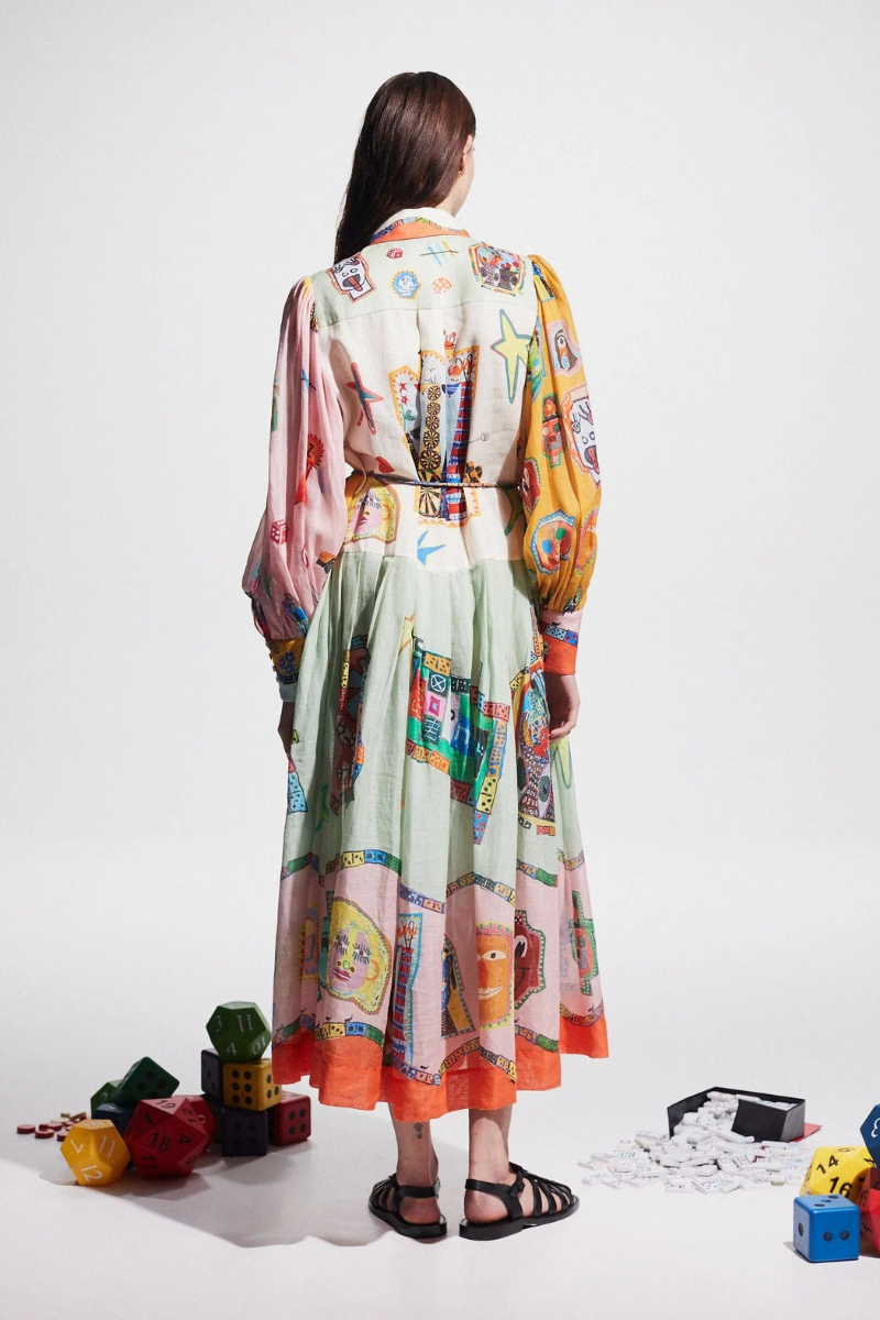 Vestito lungo patchwork con maniche a palloncino Danielle