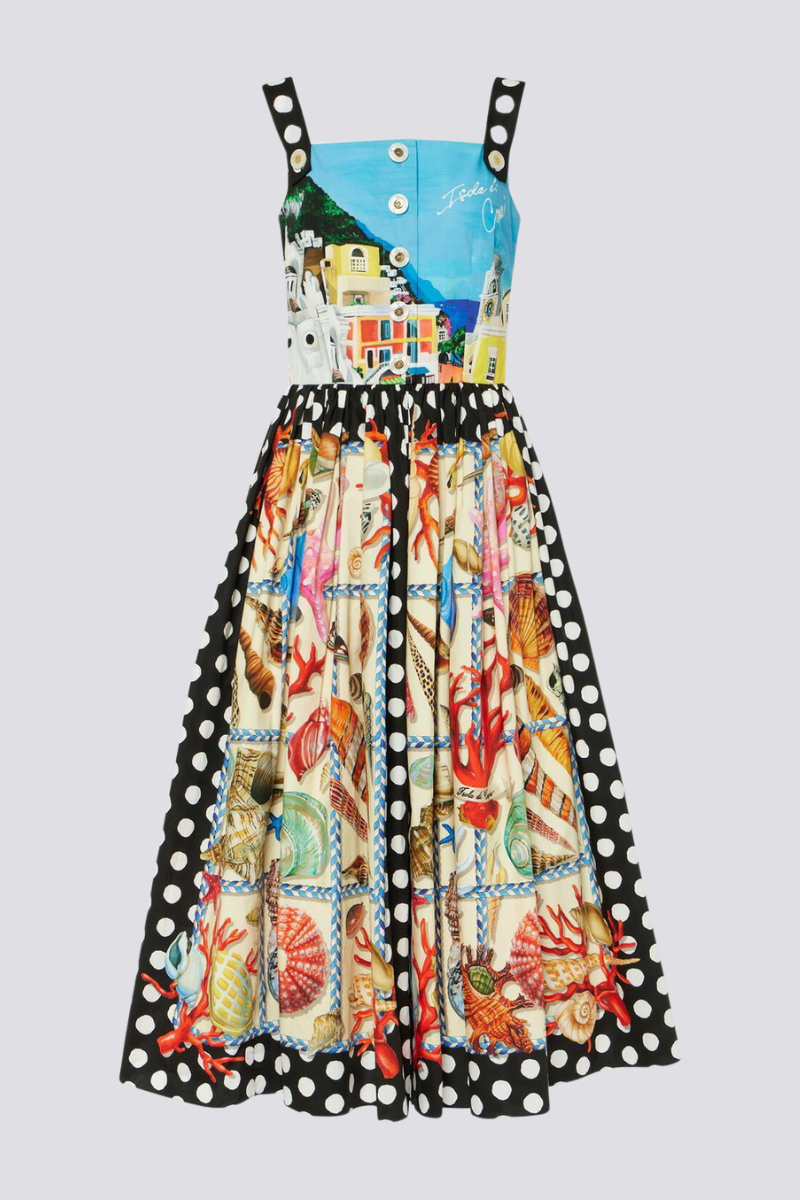 Vestito Midi con Collo Quadrato a Pois Domitille