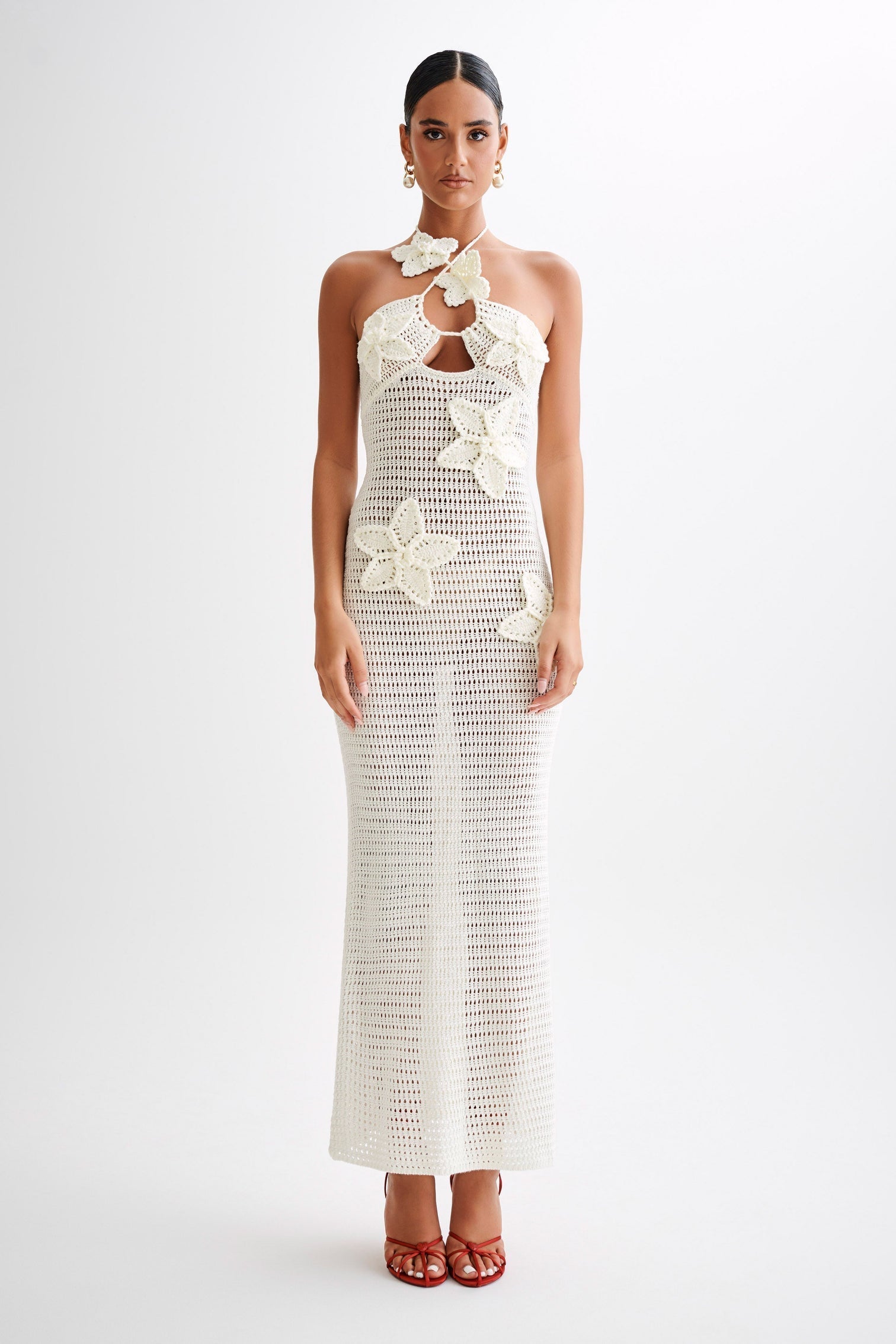 Abito lungo con applicazioni floreali Beverly in crochet