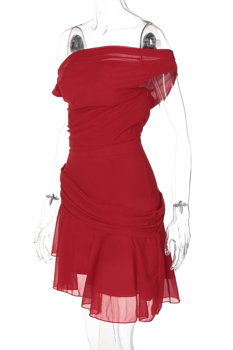 Vestito Mini in Chiffon a Spalla Uno Marina