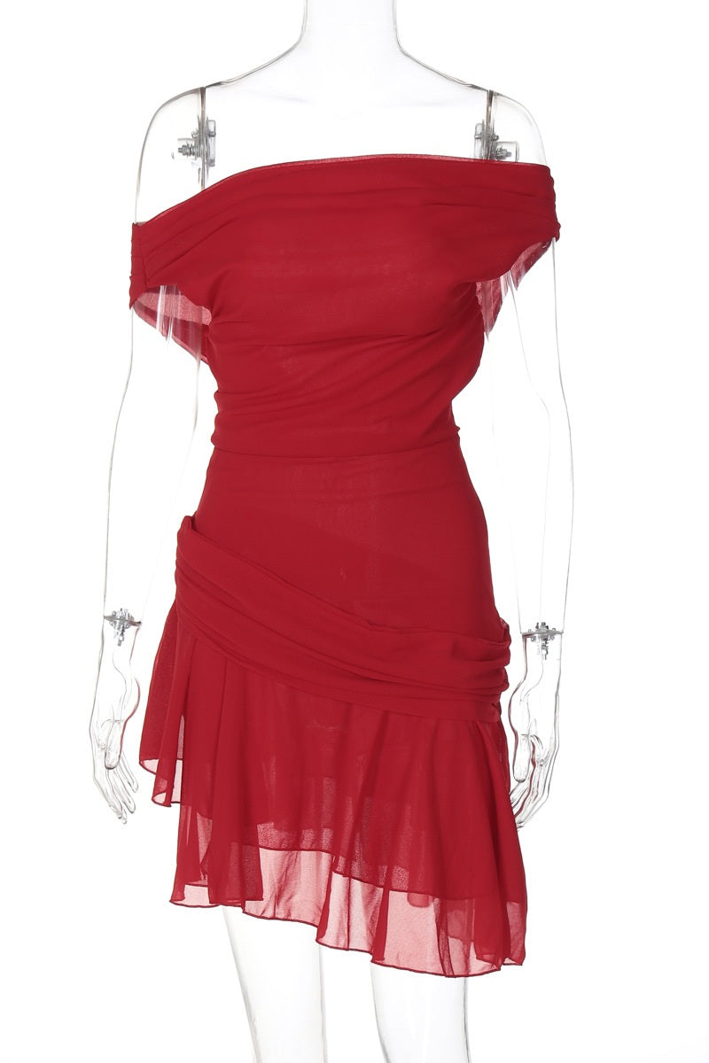 Vestito Mini in Chiffon a Spalla Uno Marina