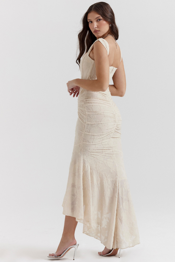 Vestito lungo maxi con corpetto arricciato Octavie in beige