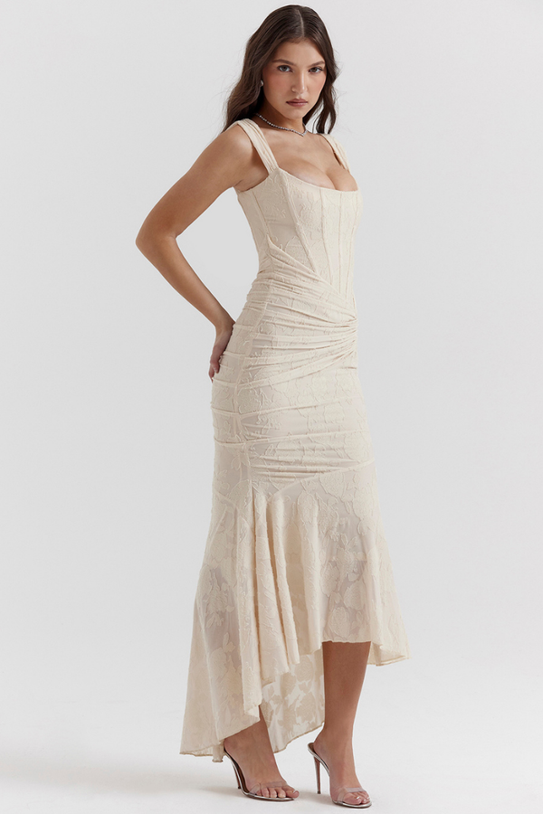 Vestito lungo maxi con corpetto arricciato Octavie in beige