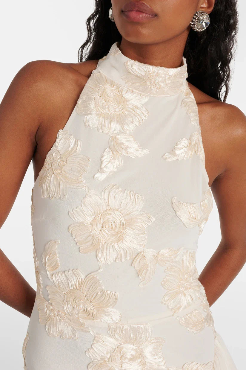 Vestito lungo con applicazioni floreali