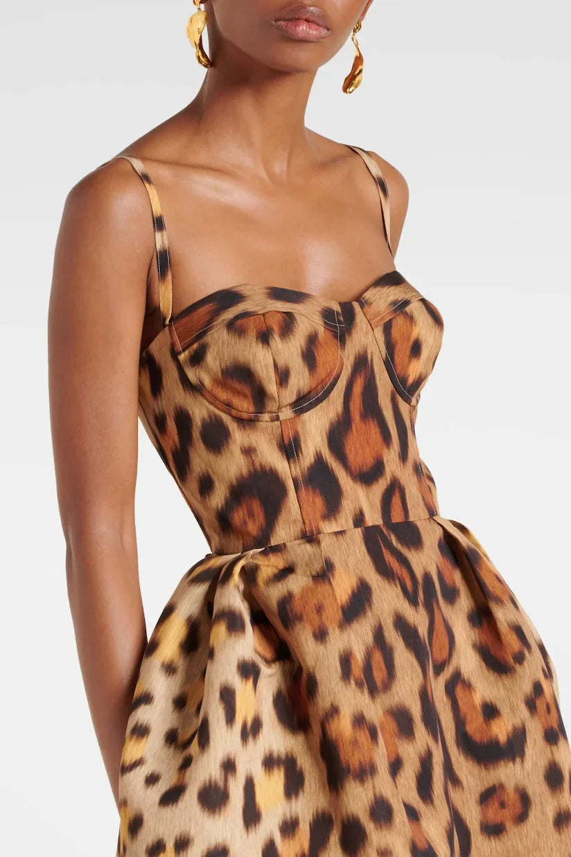 Vestito Midi con Corsetto e Stampa Animale