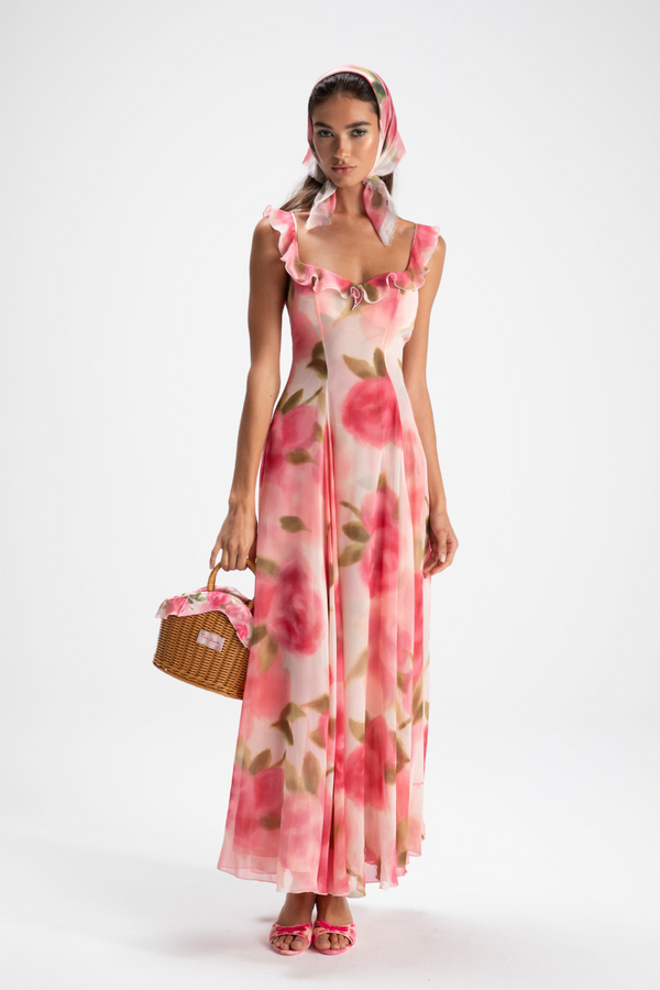 Vestito lungo maxi floreale Renée con volant