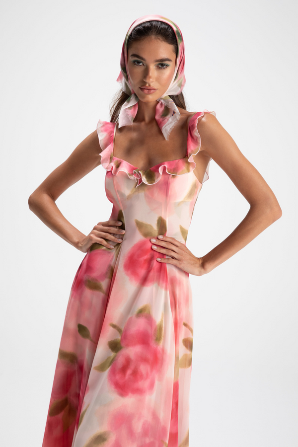 Vestito lungo maxi floreale Renée con volant