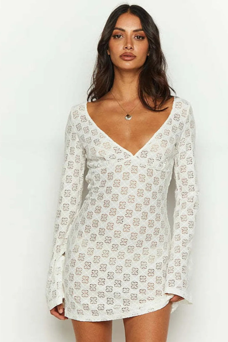 Vestito Mini Bianco Stampato con Scollo Basso sulla Schiena