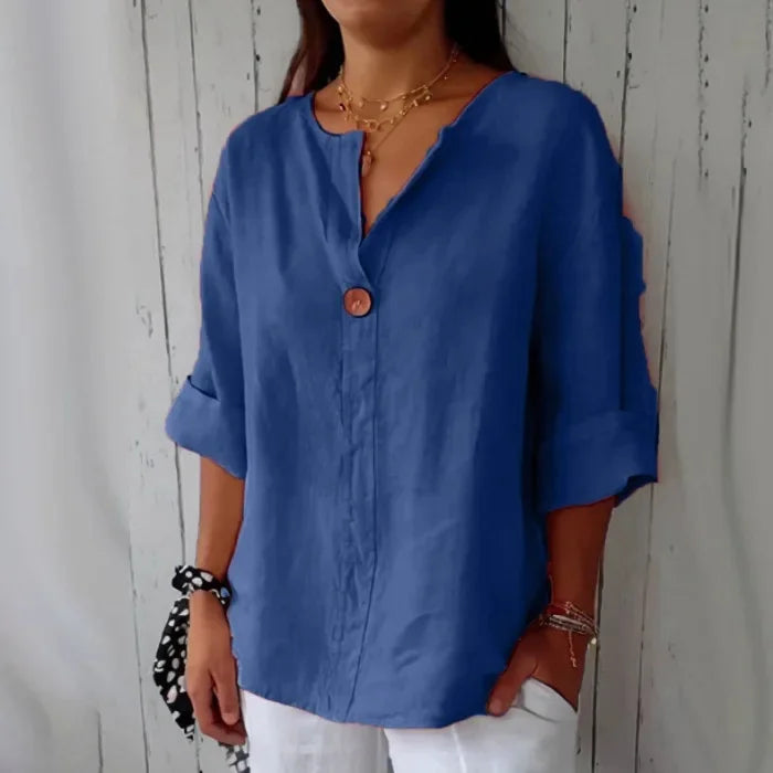 Liv – Camicia di lino rilassata con dettaglio pulsante