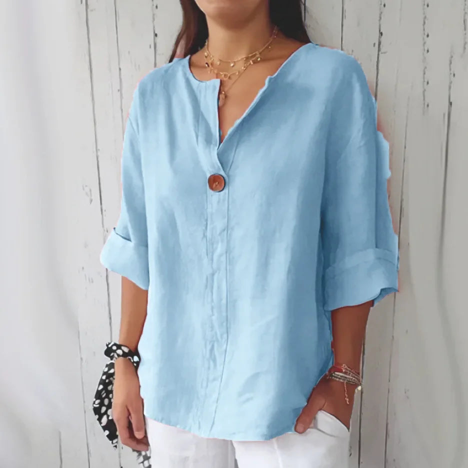 Liv – Camicia di lino rilassata con dettaglio pulsante