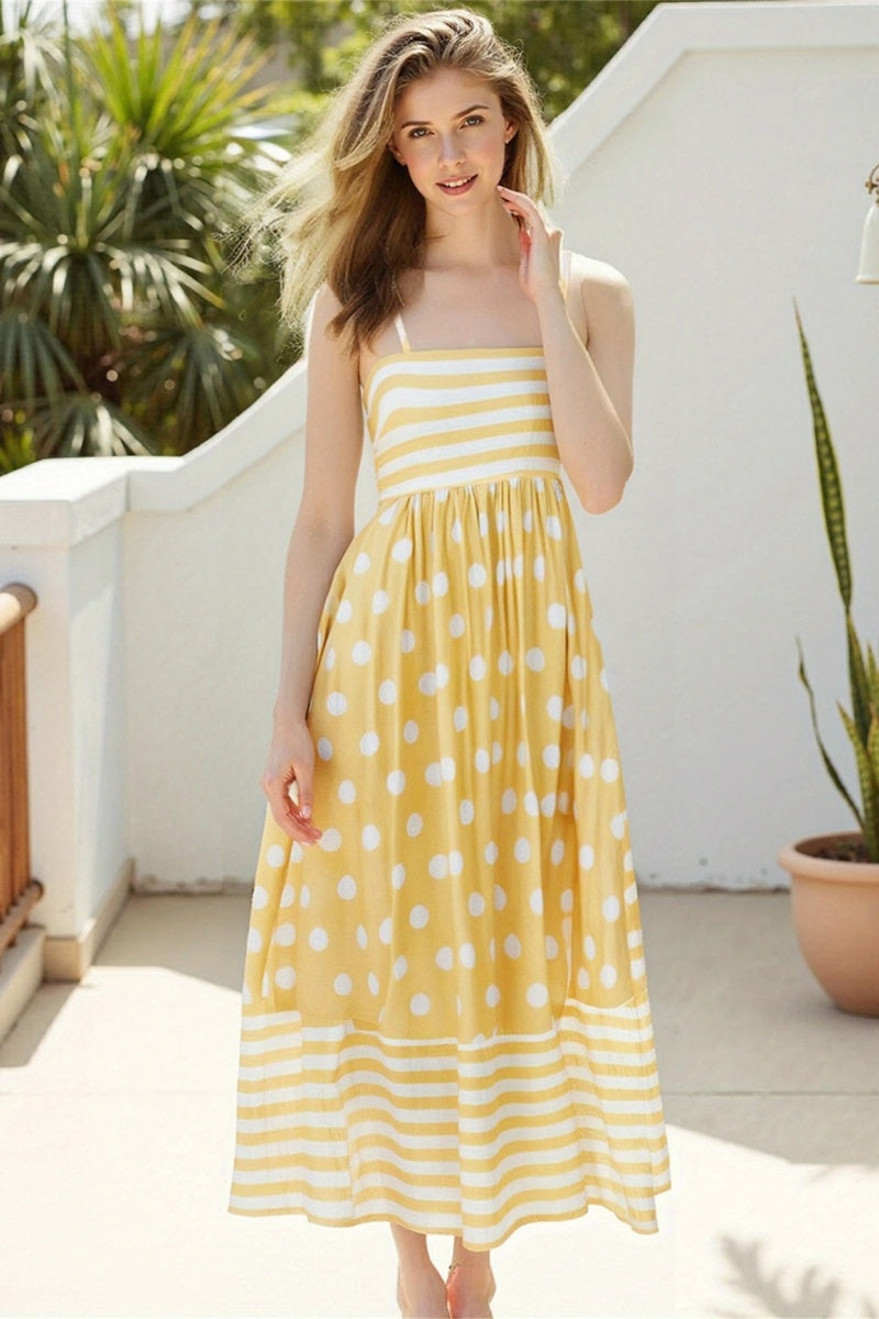Abito midi con scollo quadrato e pois