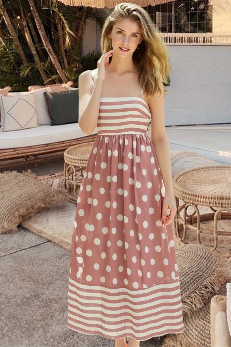 Abito midi con scollo quadrato e pois