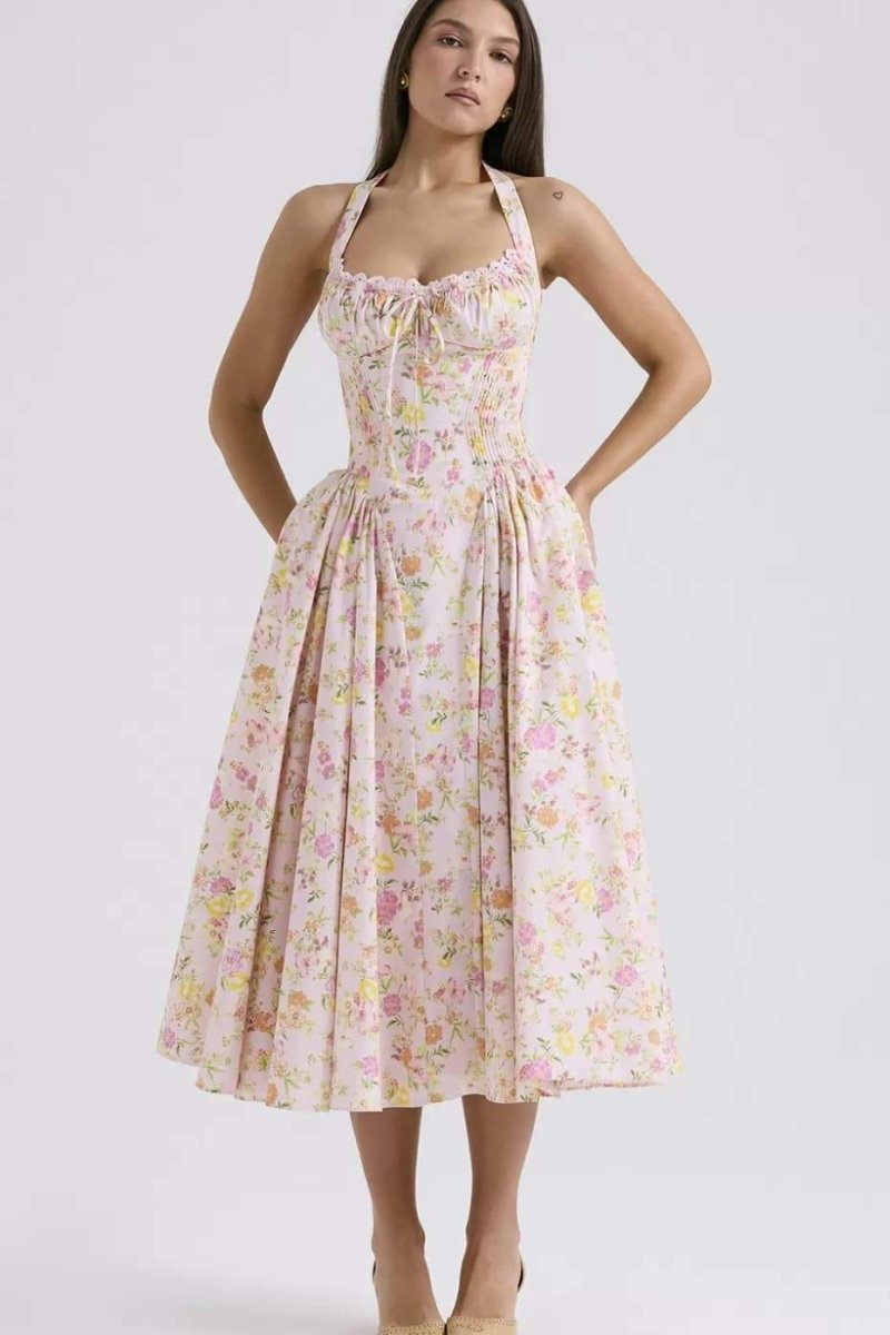 Abigail Abito Stretto a Balze con Corsetto Stampato Midi