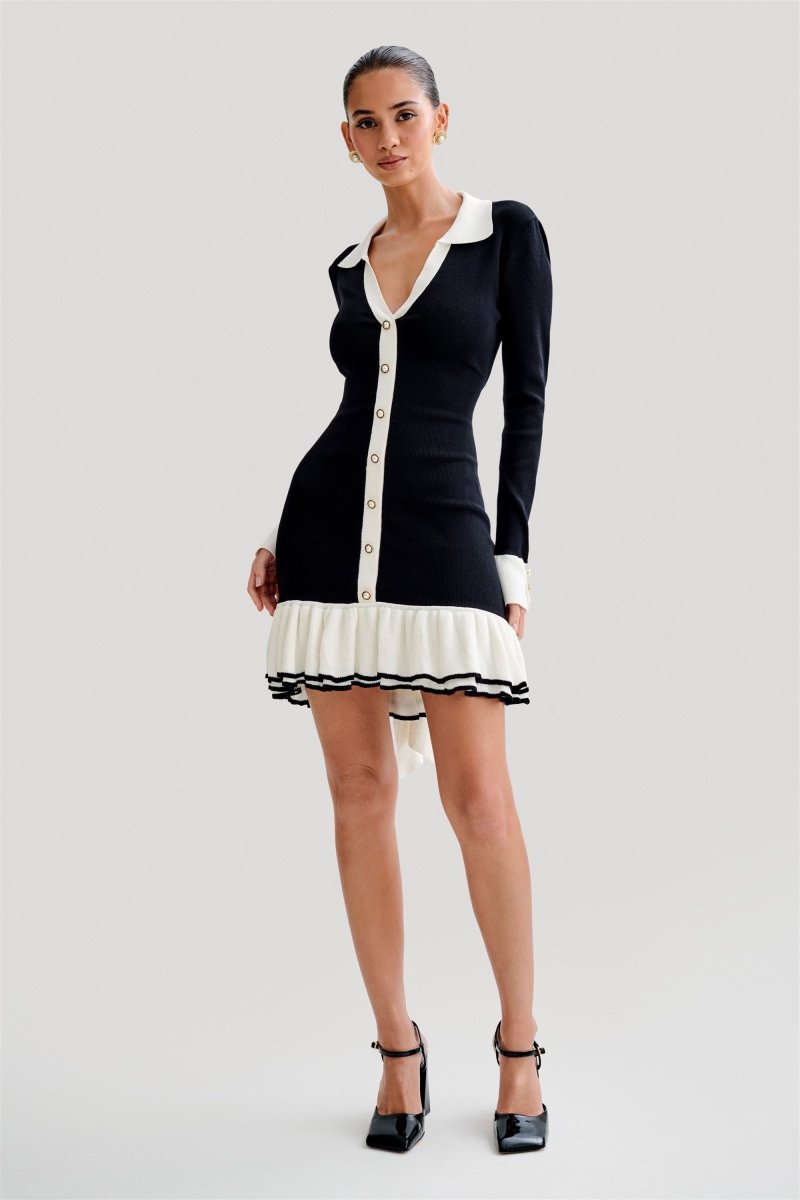 Vestito Mini in Maglia con Fiocco e Rete Contrastata di Alexia