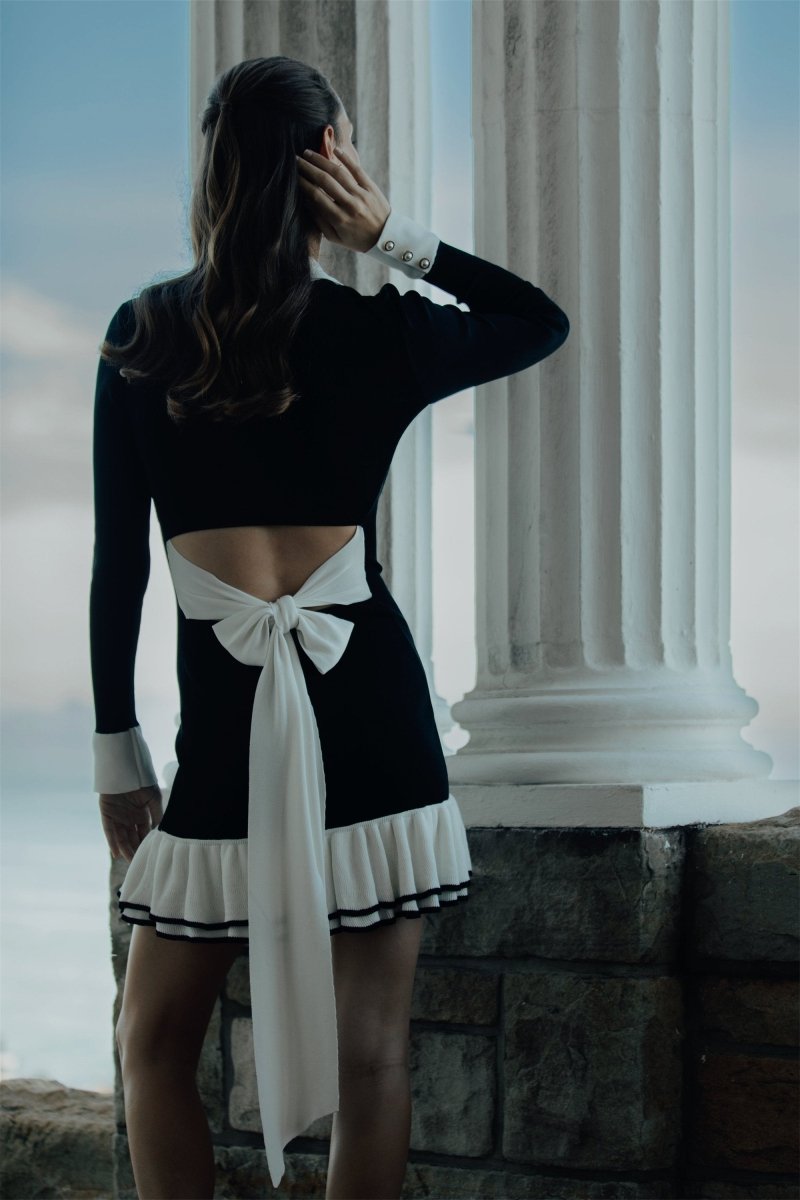 Vestito Mini in Maglia con Fiocco e Rete Contrastata di Alexia
