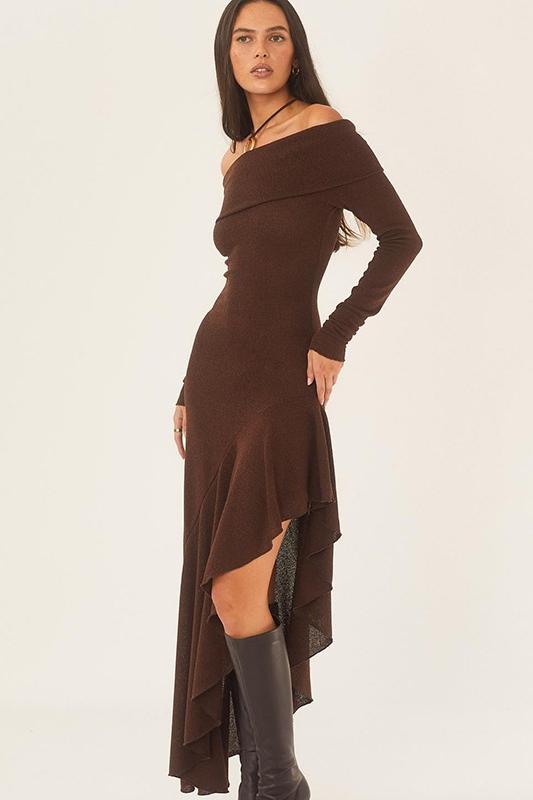 Vestito midi a coste con scollo alla barca e gonna svasata Alisa
