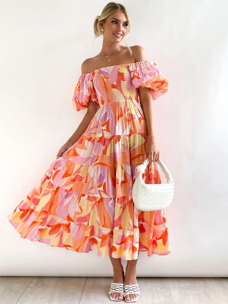 Vestito maxi a tiers con scollo all'americana e maniche a sbuffo stampato Andrea