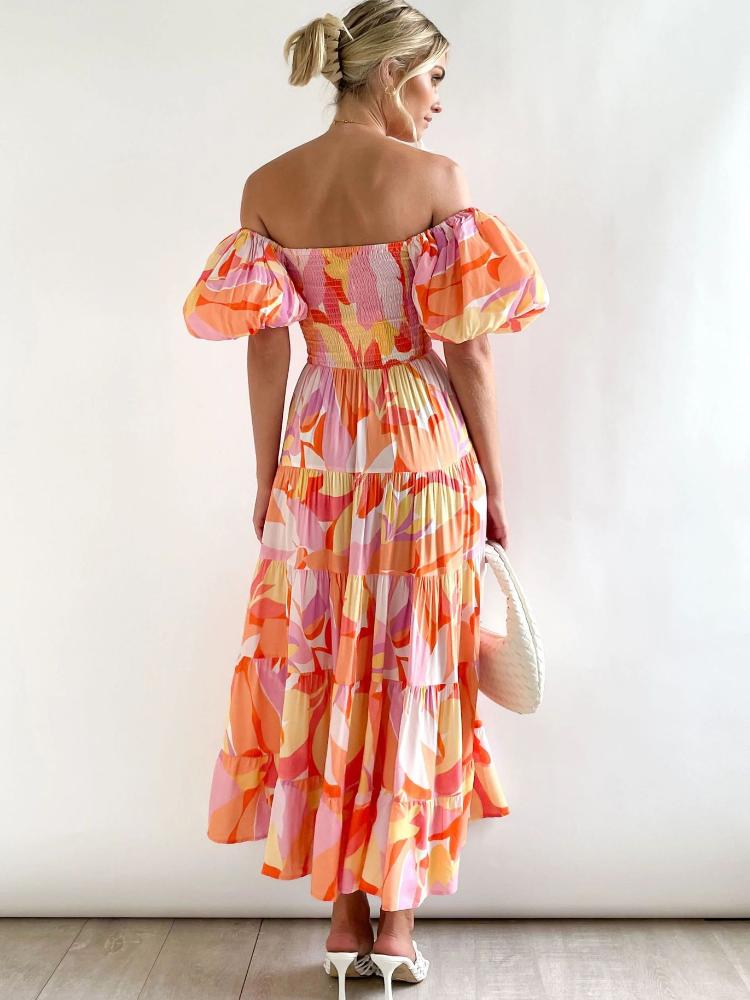 Vestito maxi a tiers con scollo all'americana e maniche a sbuffo stampato Andrea