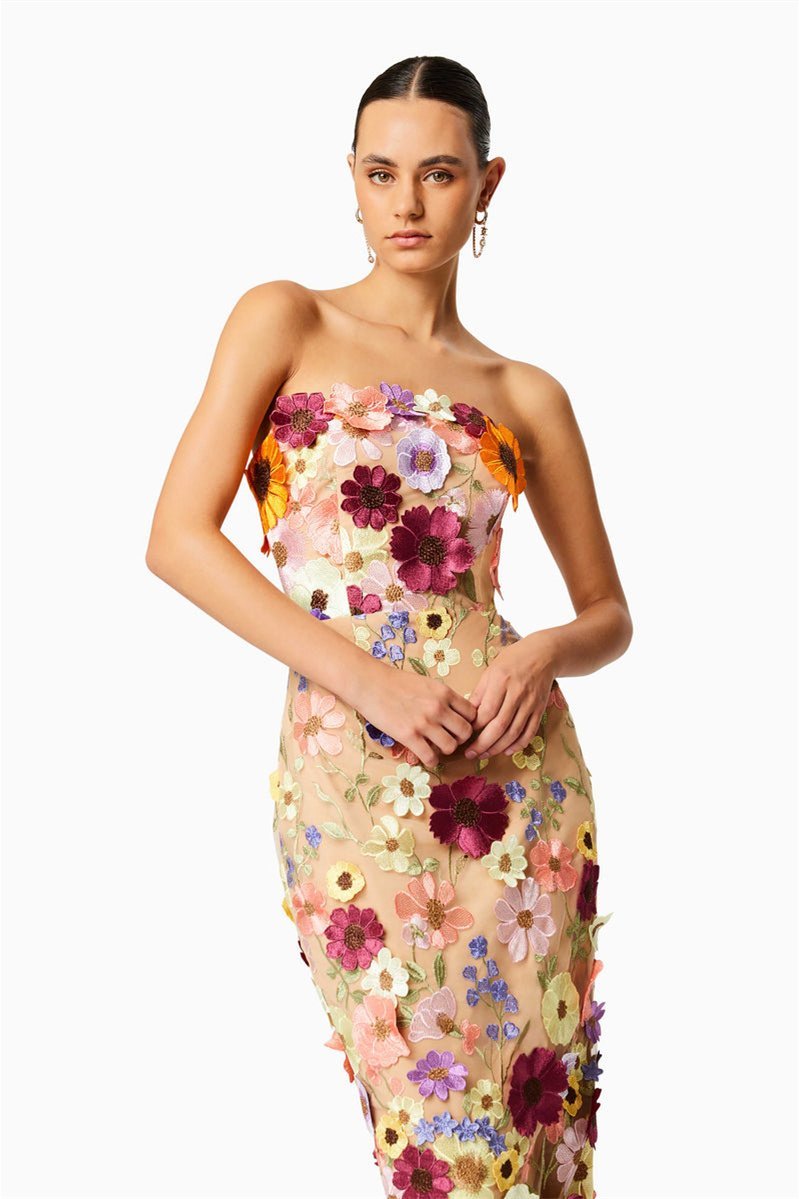 Abito Midi Senza Spalline con Ricami Floreali Eleganti