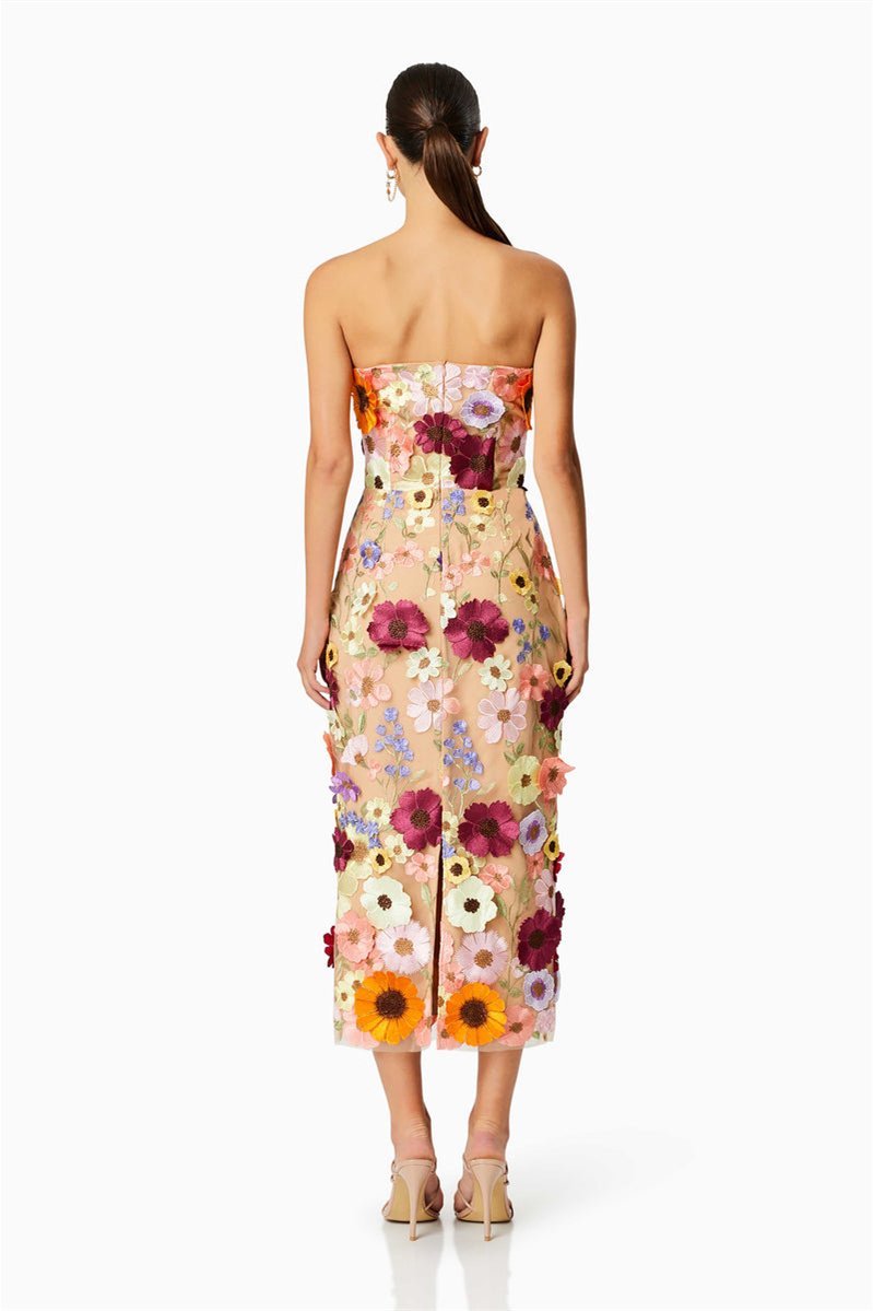 Abito Midi Senza Spalline con Ricami Floreali Eleganti