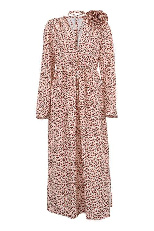 Vestito Midi con Collo a V e Decorazione Floreale Bertha