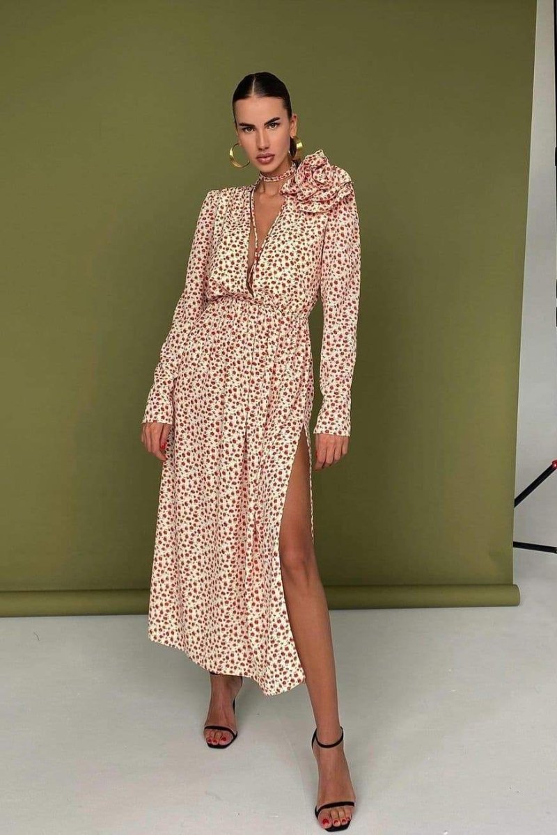 Vestito Midi con Collo a V e Decorazione Floreale Bertha