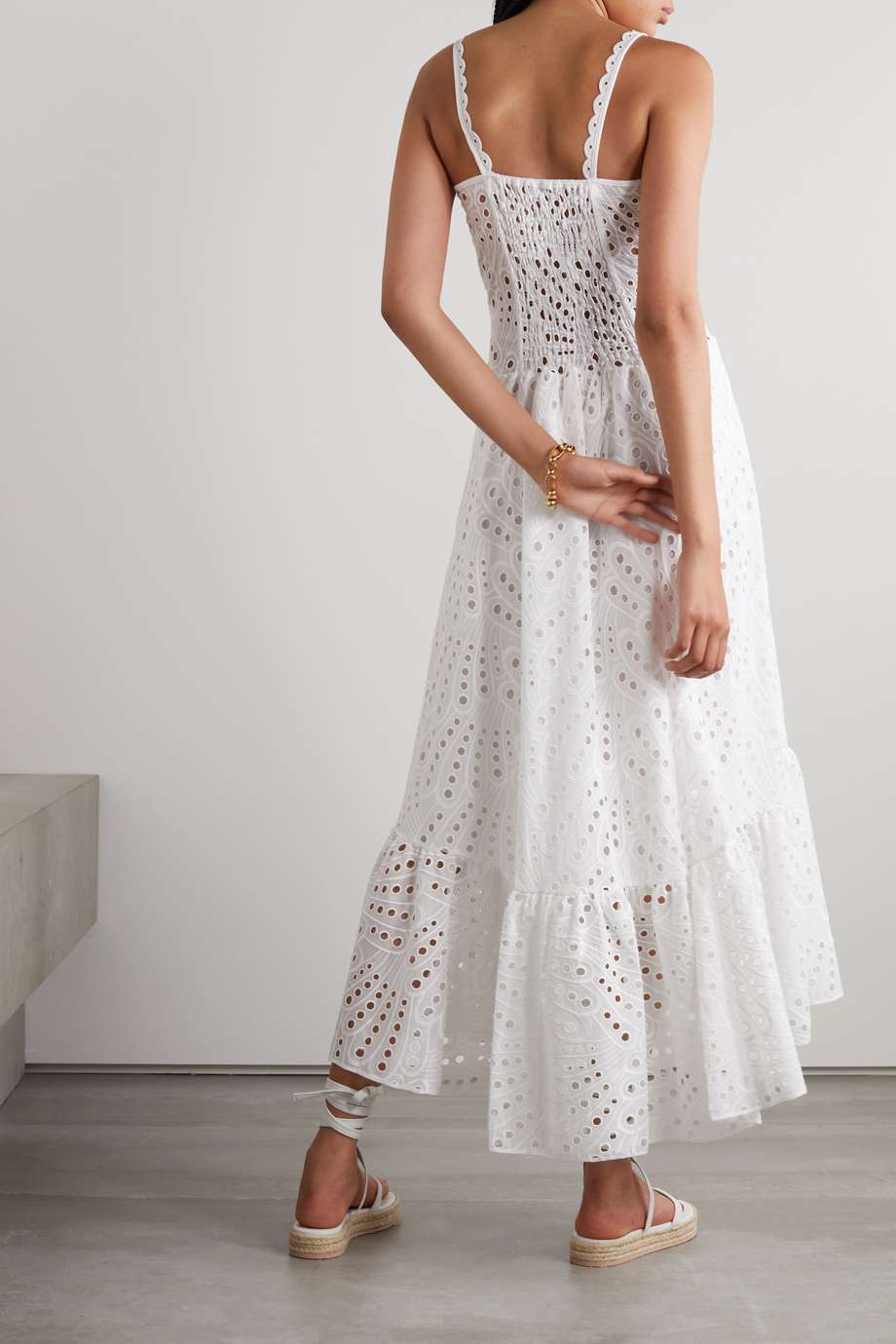 Vestito midi bustier in pizzo ricamato con doppio petto
