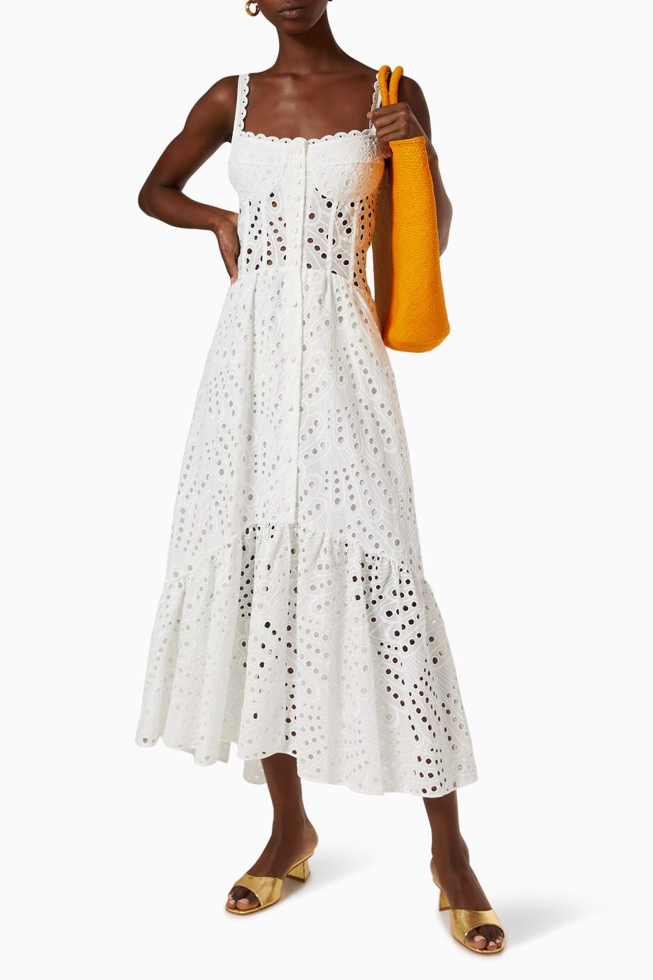 Vestito midi bustier in pizzo ricamato con doppio petto