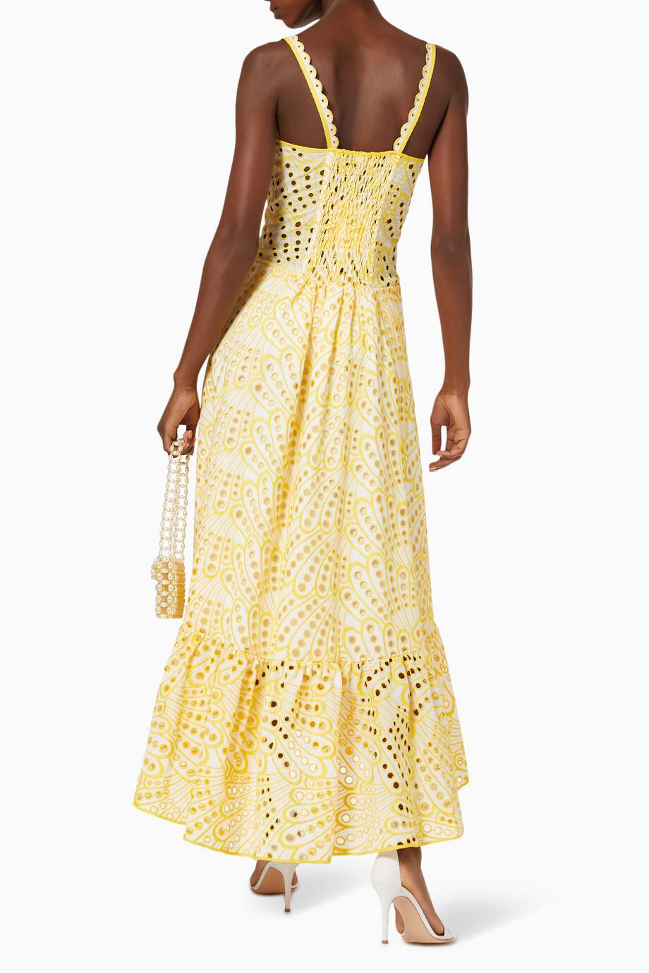 Vestito midi bustier in pizzo ricamato con doppio petto