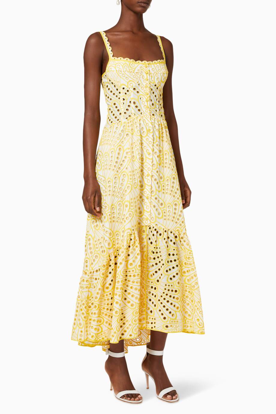 Vestito midi bustier in pizzo ricamato con doppio petto